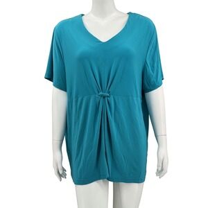 Salon Studio Top Womens 2X Turquoise Short Sleeve Stretch V-Neck Office‎ Mature